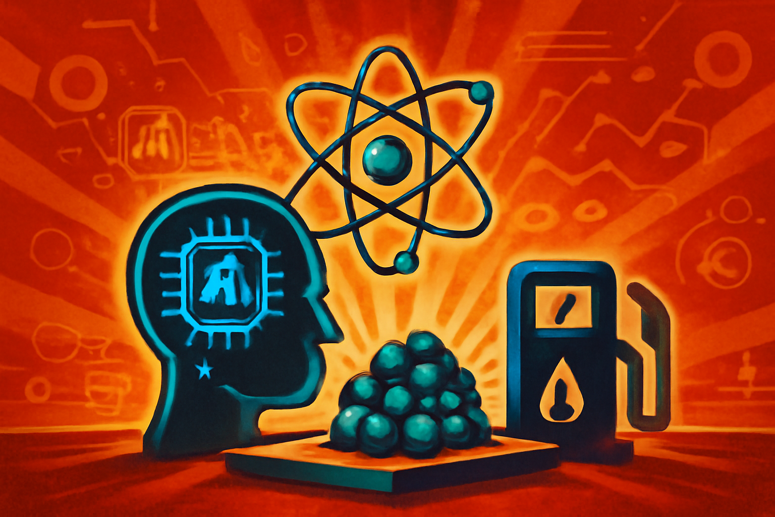A digital representation of an artificial intelligence agent analyzing chemical structures and copper atoms for sustainable energy production.