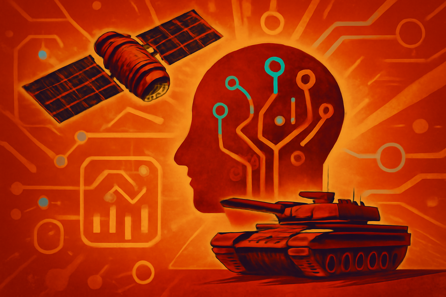 A digital rendering of a world map with highlighted military locations and data streams representing AI-driven surveillance and satellite tracking.