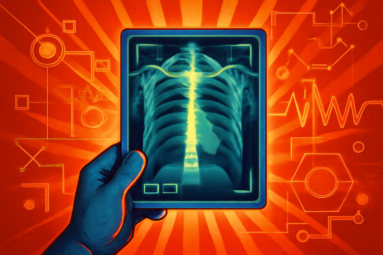 A close-up view of a medical monitor displaying two side-by-side chest X-ray images for comparison in a diagnostic setting.