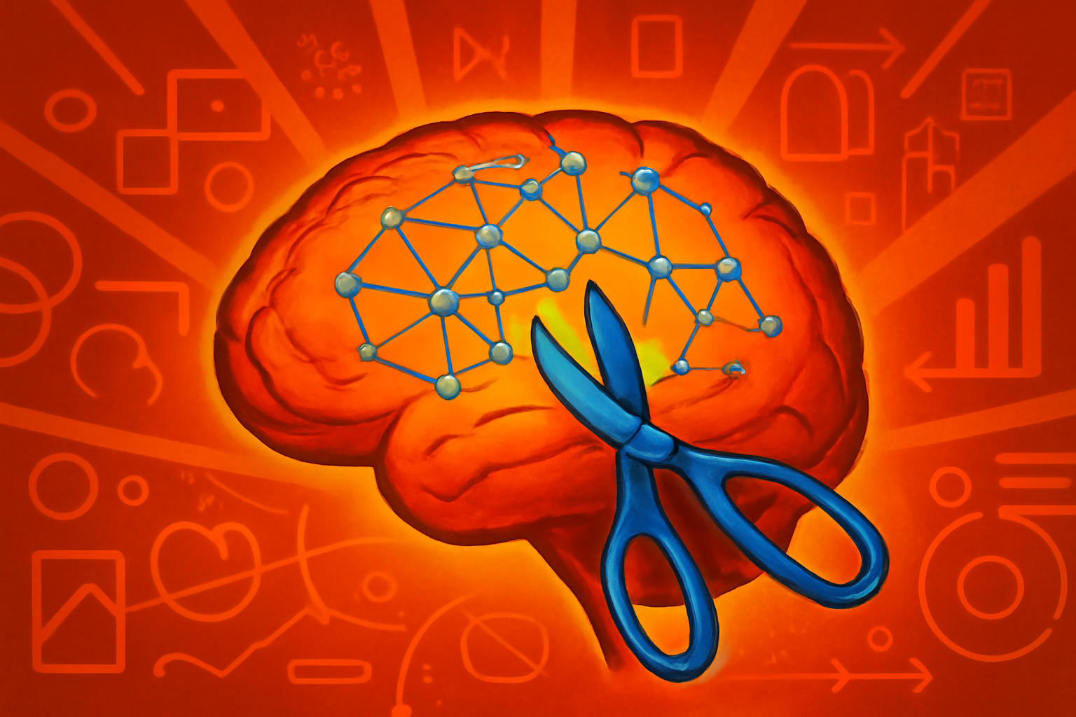 A digital visualization of a neural network where golden connections are strengthening and thin blue lines are fading away, representing brain-inspired selective pruning.