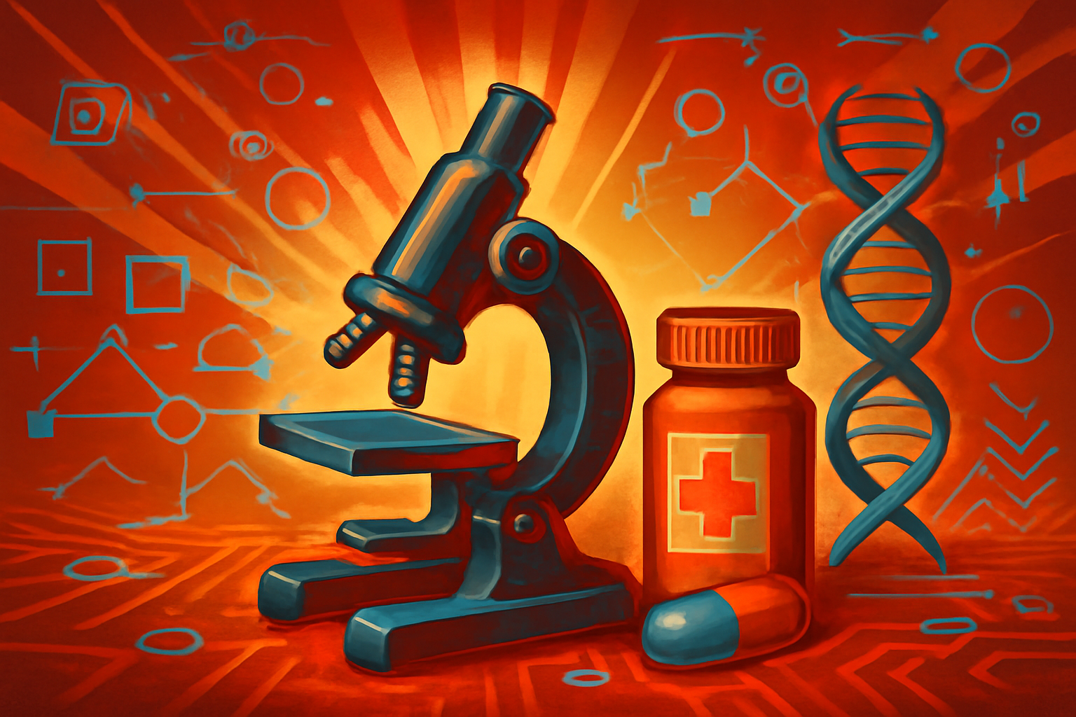 A digital display showing a complex 3D protein structure alongside a glowing DNA strand in a modern medical research facility.