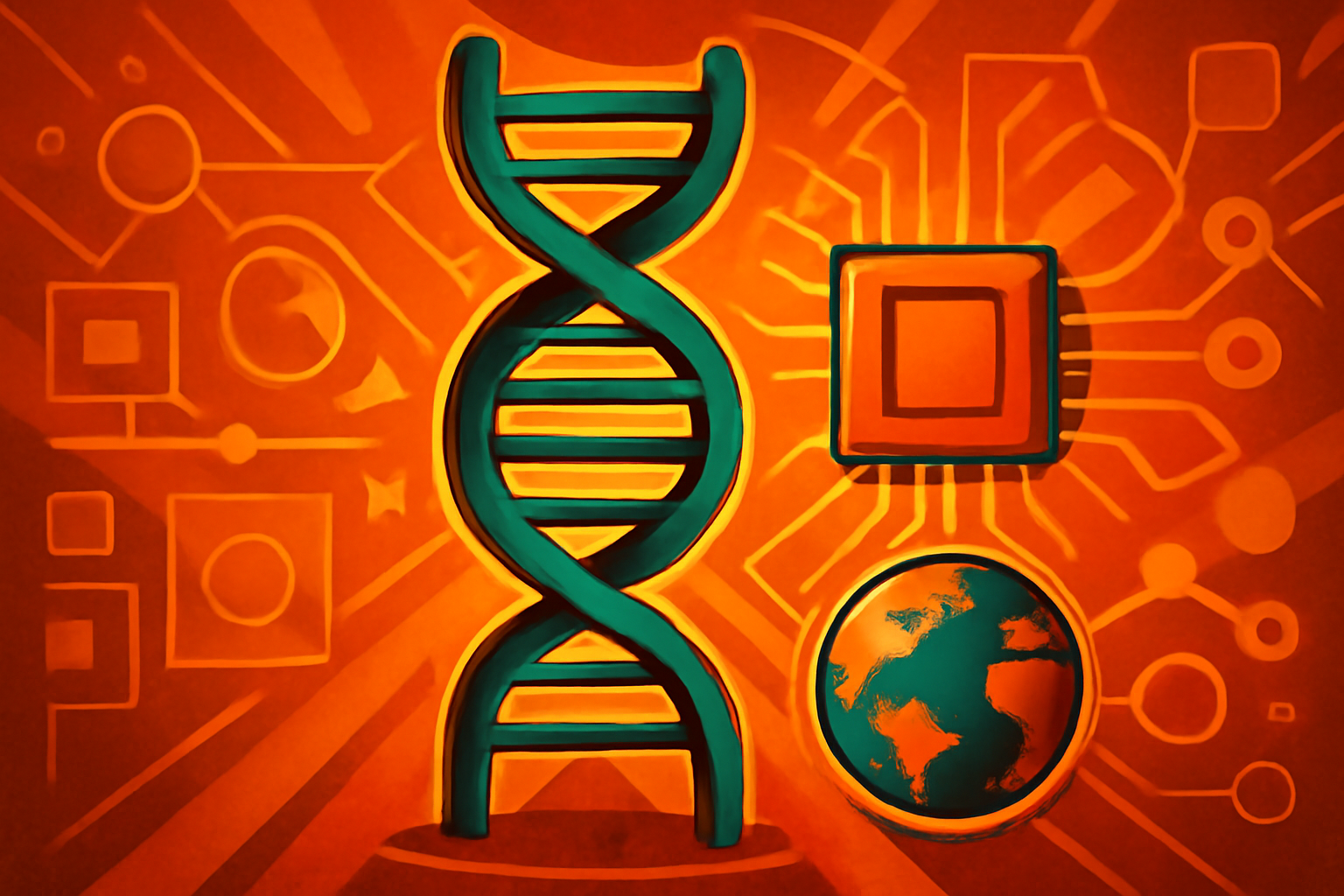 Digital interface displaying genetic sequences and protein models for AI-driven medical research.