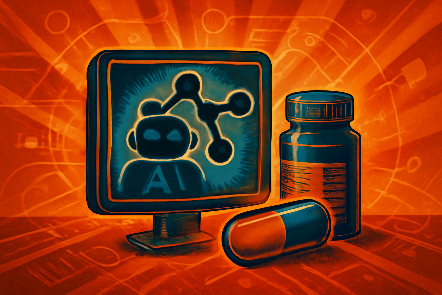 A digital hologram of a protein structure and DNA double helix inside a modern research laboratory, representing AI-driven drug discovery.