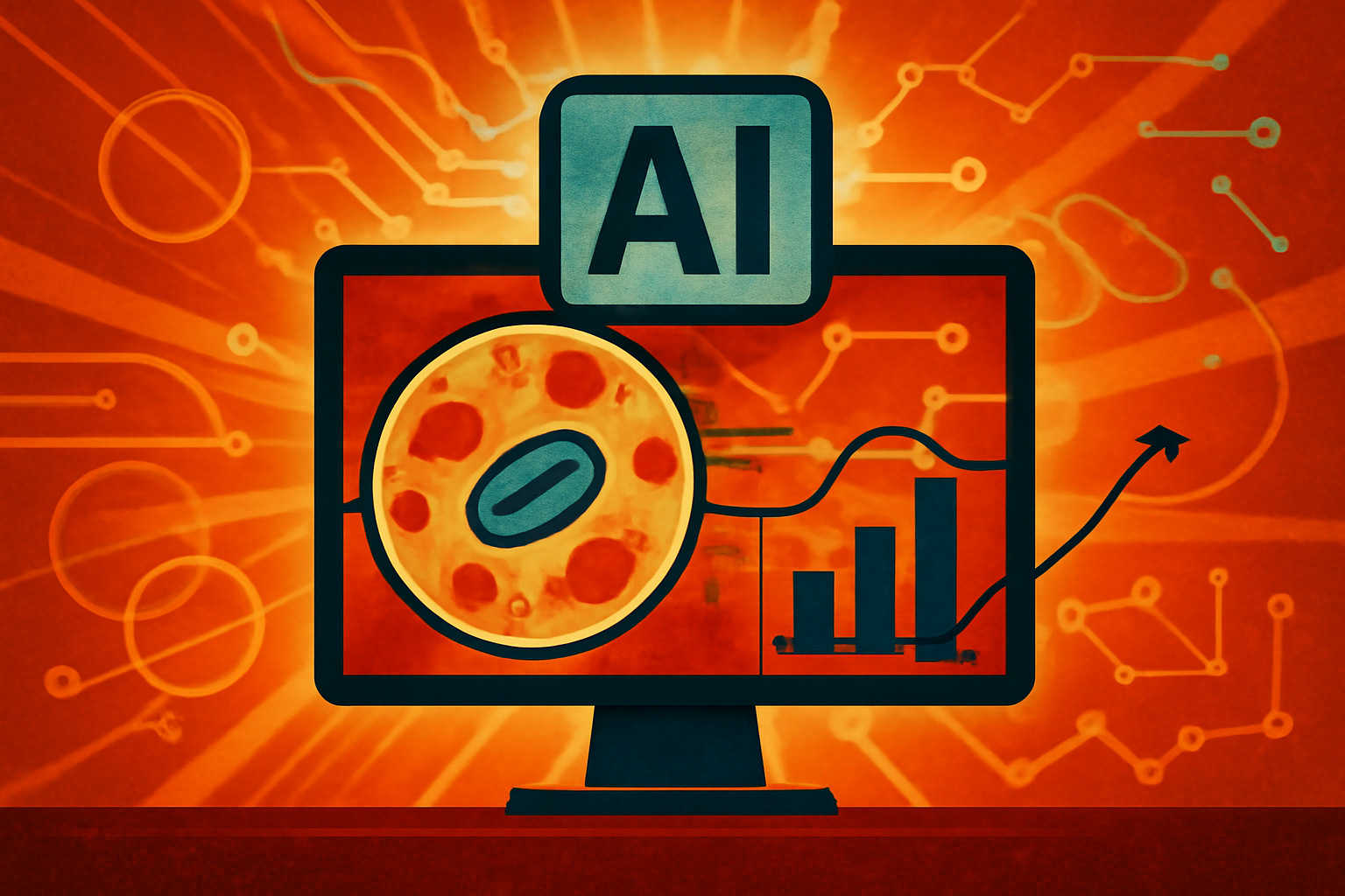 A digital pathology screen showing a microscopic tissue sample with clear AI-generated diagnostic heatmaps and data overlays.