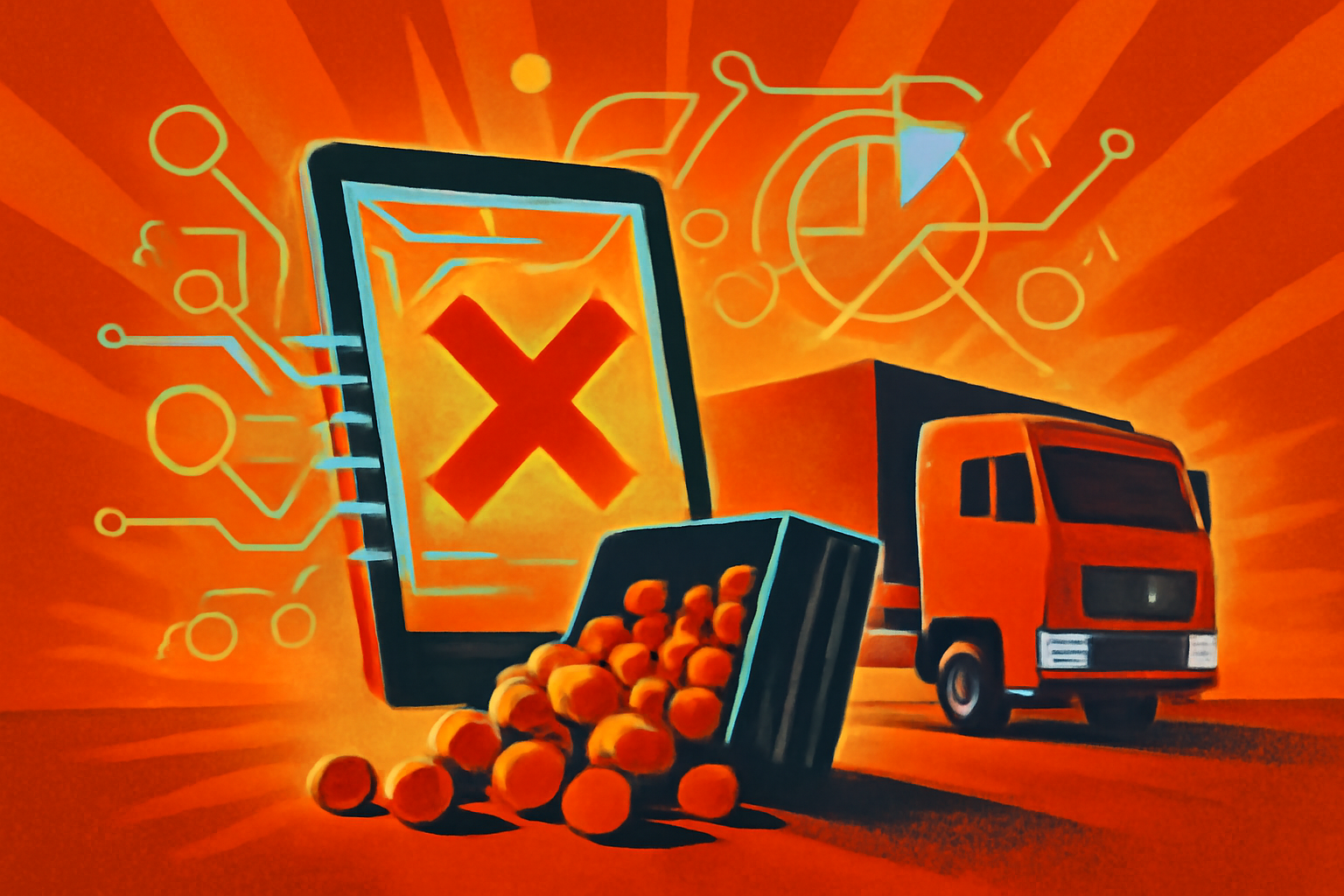 A digital tablet showing a red error message in front of stationary delivery trucks and crates of fresh vegetables at a warehouse loading dock.