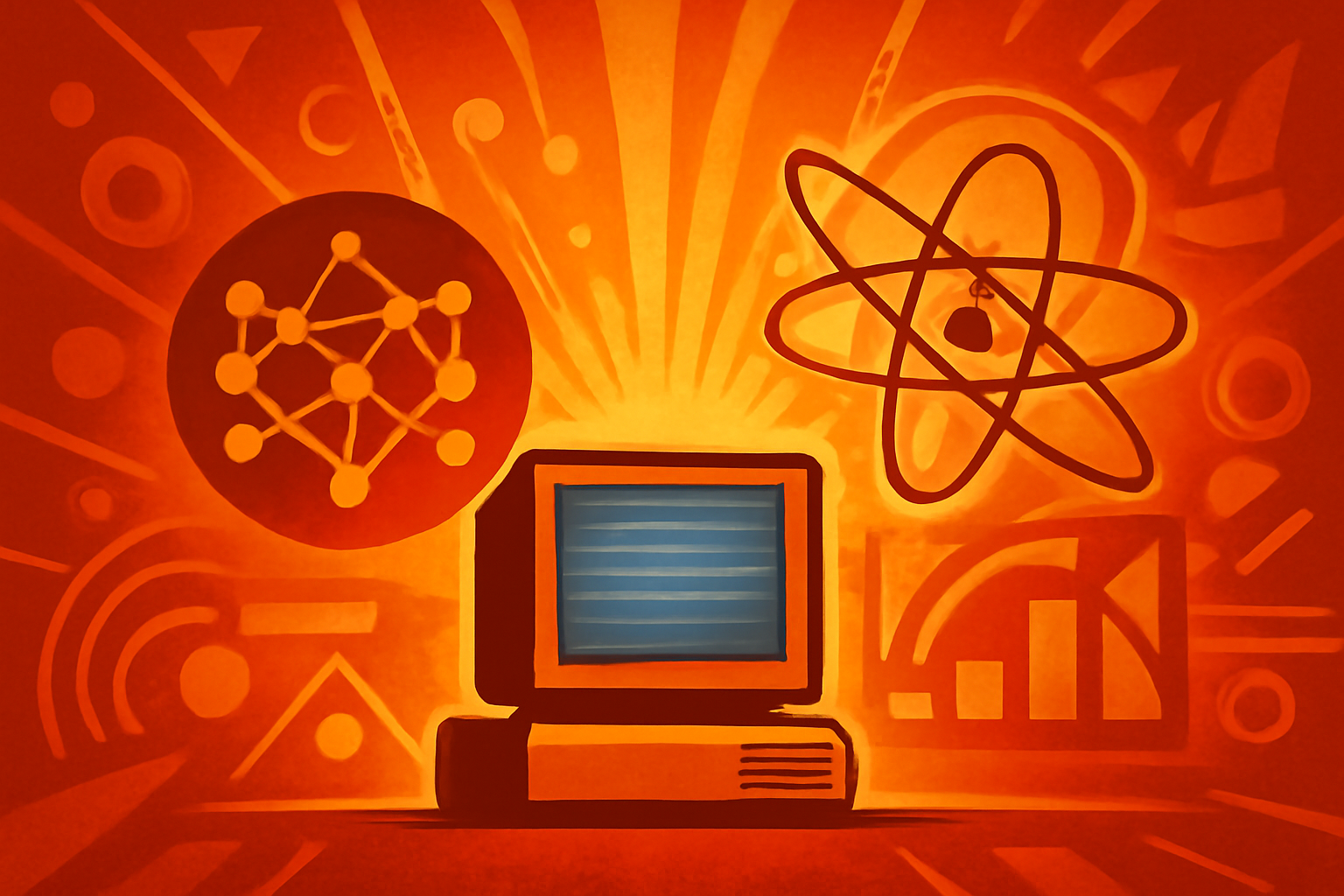 A modern research laboratory with a holographic projection of glowing blue quantum computing circuits and mathematical symbols.