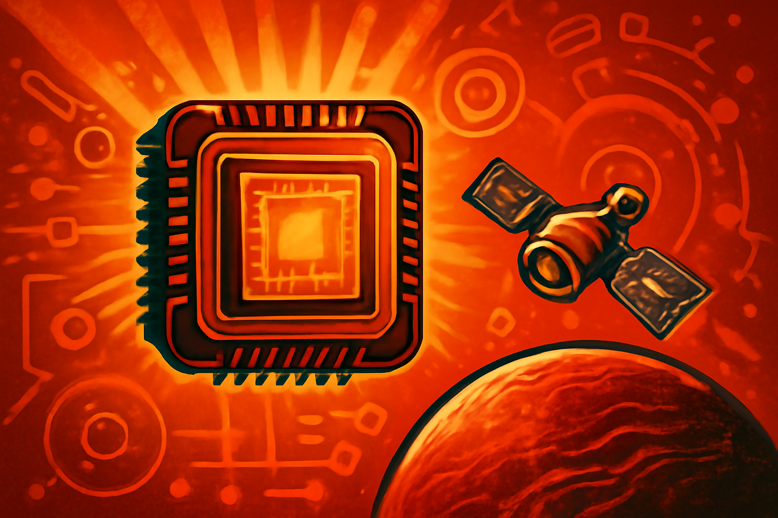 A futuristic AI microchip floating in space against the backdrop of Earth, symbolizing NVIDIA's new orbital computing platform.