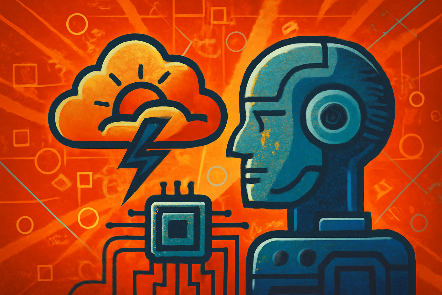 A digital visualization of Earth from space with glowing data overlays representing an AI model for weather and climate monitoring.