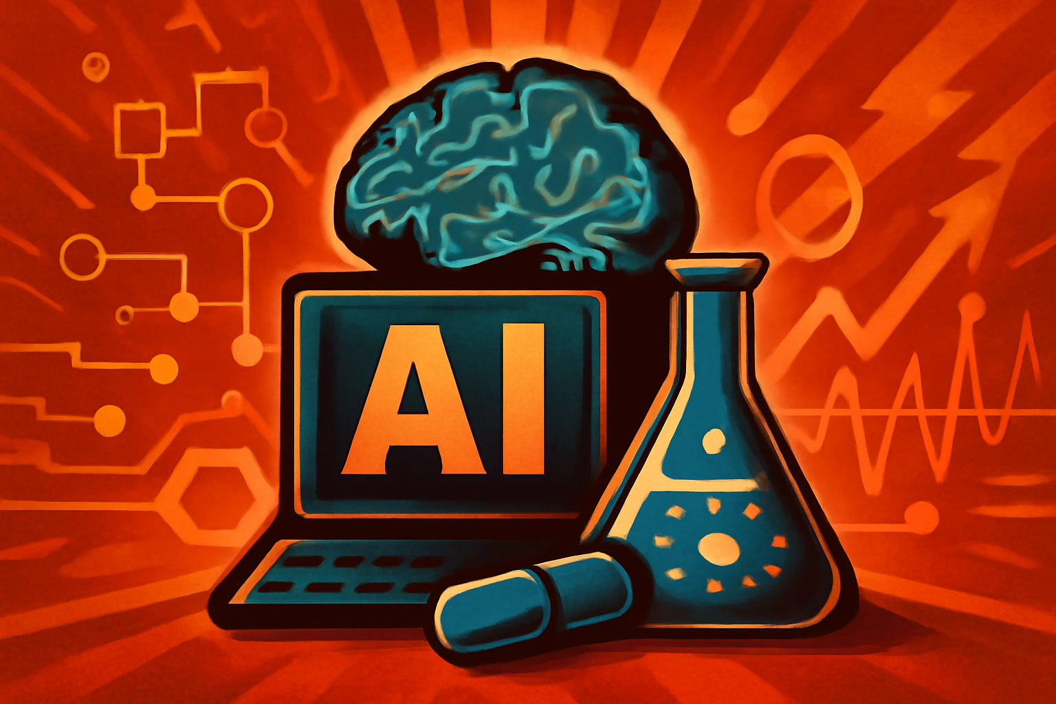 A high-tech digital display showing 3D molecular models and data streams used for AI-driven drug discovery in a laboratory setting.