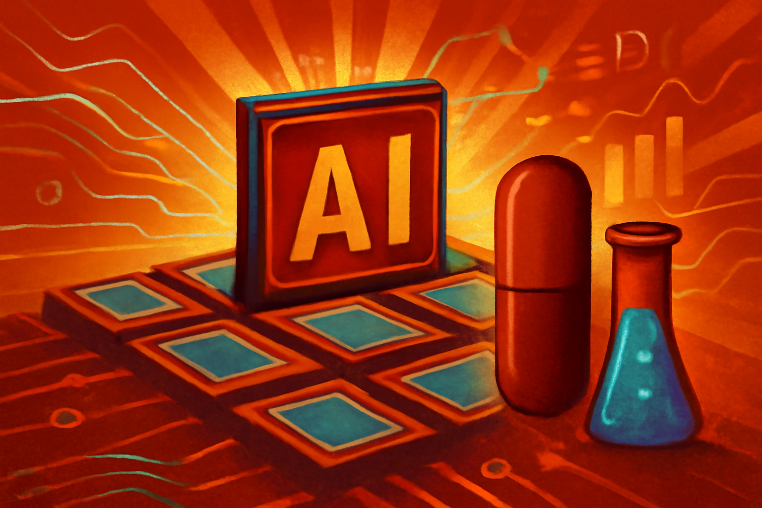 A clean, modern data center with rows of server racks illuminated by cool blue lights, representing a pharmaceutical AI infrastructure.