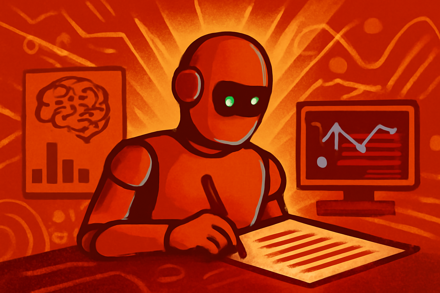 Digital illustration of an AI interface generating a scientific paper from complex data visualizations and neural network nodes.