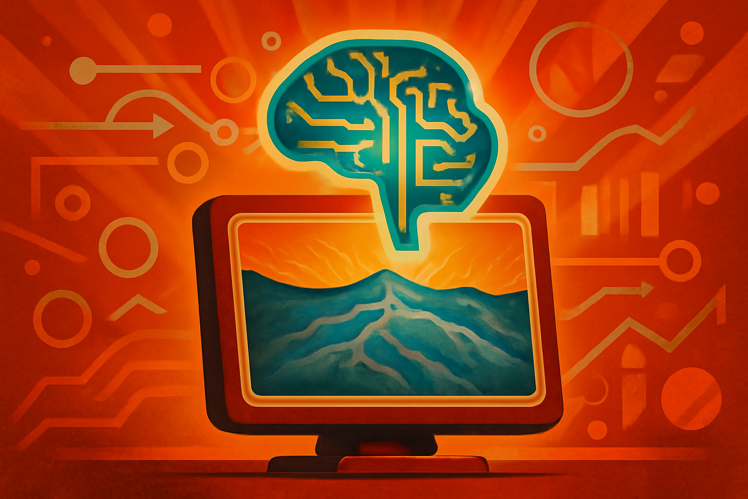 A 3D digital model of a rugged ocean floor with blue glowing lines and points representing AI data mapping.