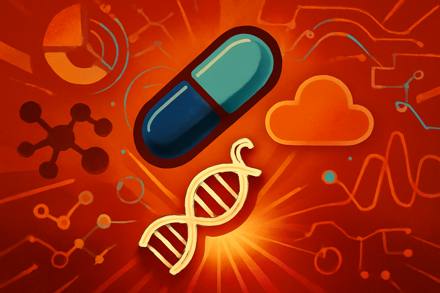 A laboratory monitor showing 3D molecular structures for drug discovery research with a scientist in the background.