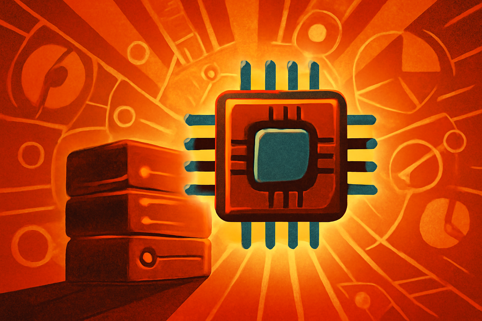 Digital illustration of data streams flowing into a microchip, representing AI memory compression and efficiency.