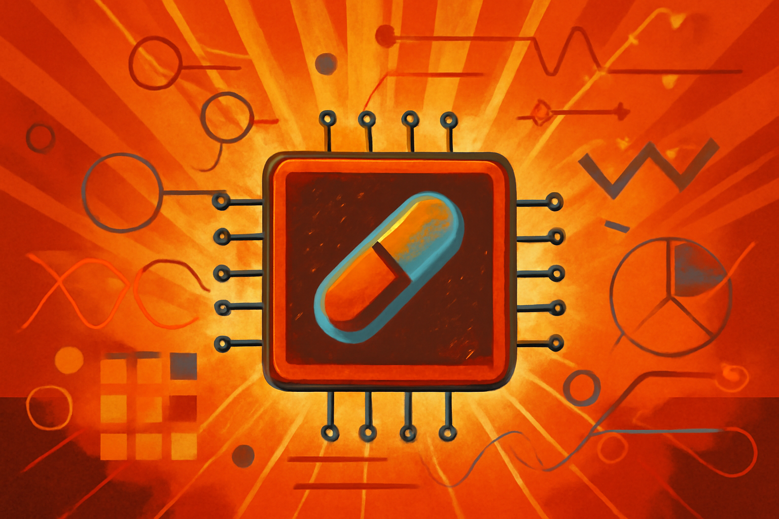 A digital visualization of molecular structures and neural network pathways on a modern computer screen in a bright research laboratory.