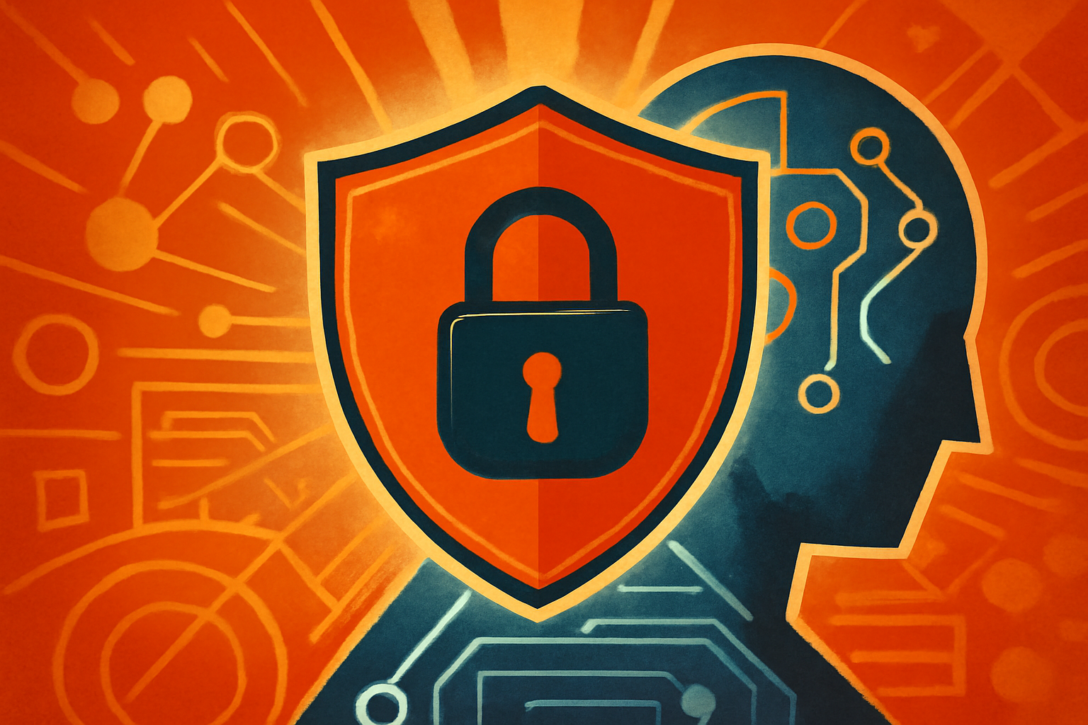 Conceptual digital illustration of a glowing shield icon protecting a grid of interconnected nodes, symbolizing AI privacy and automated cybersecurity monitoring tools.