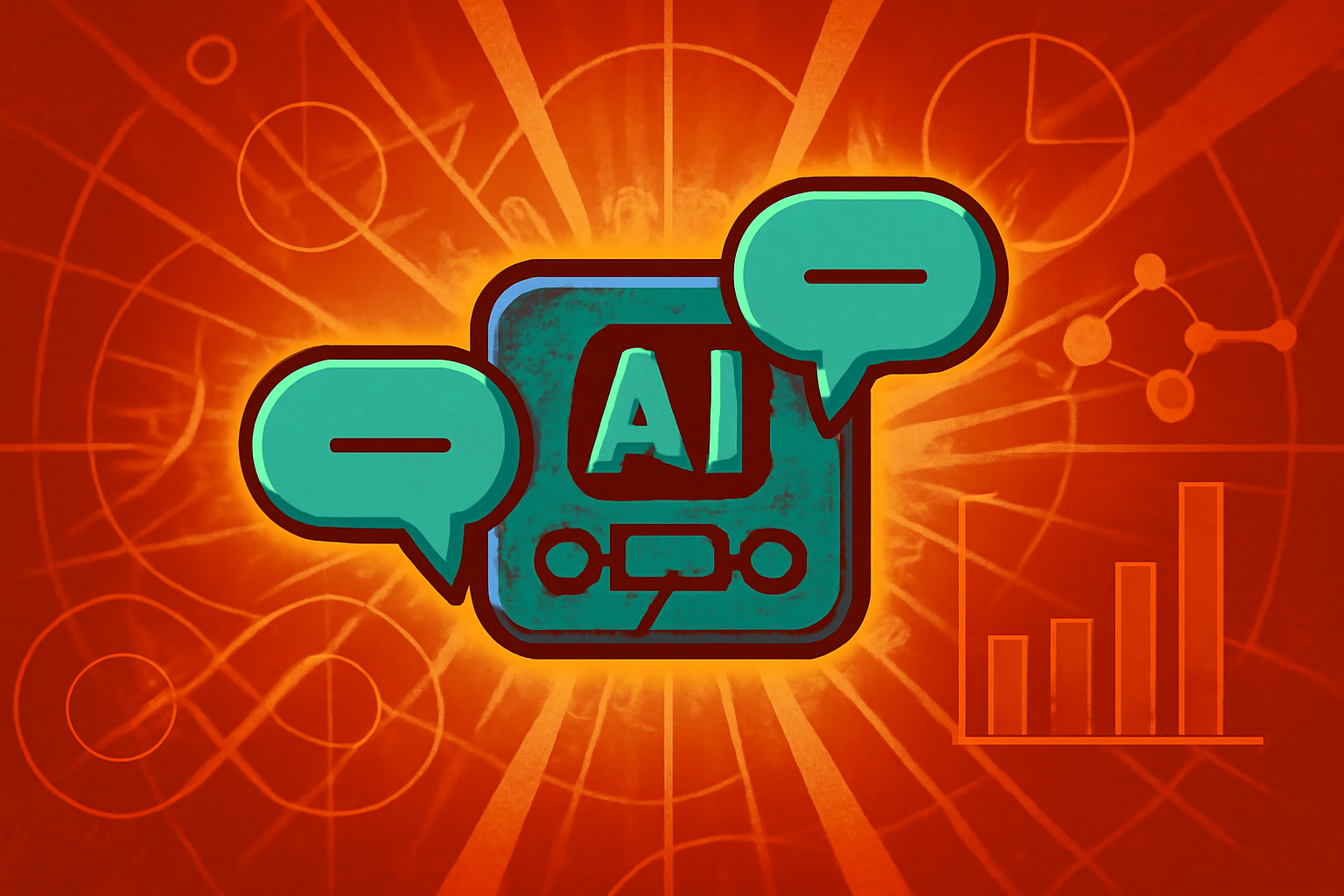 Two digital AI silhouettes in a modern research setting interact with glowing holographic charts and data points.