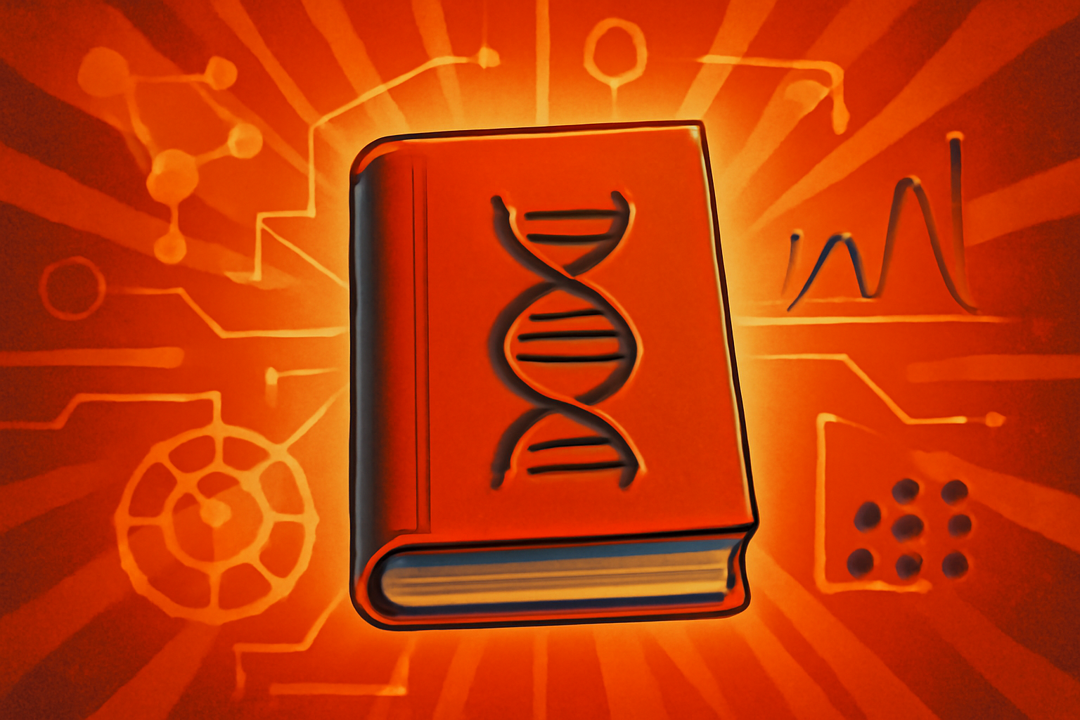 A digital display showing complex 3D DNA models and interconnected neural network nodes, representing the intersection of genomics and artificial intelligence.