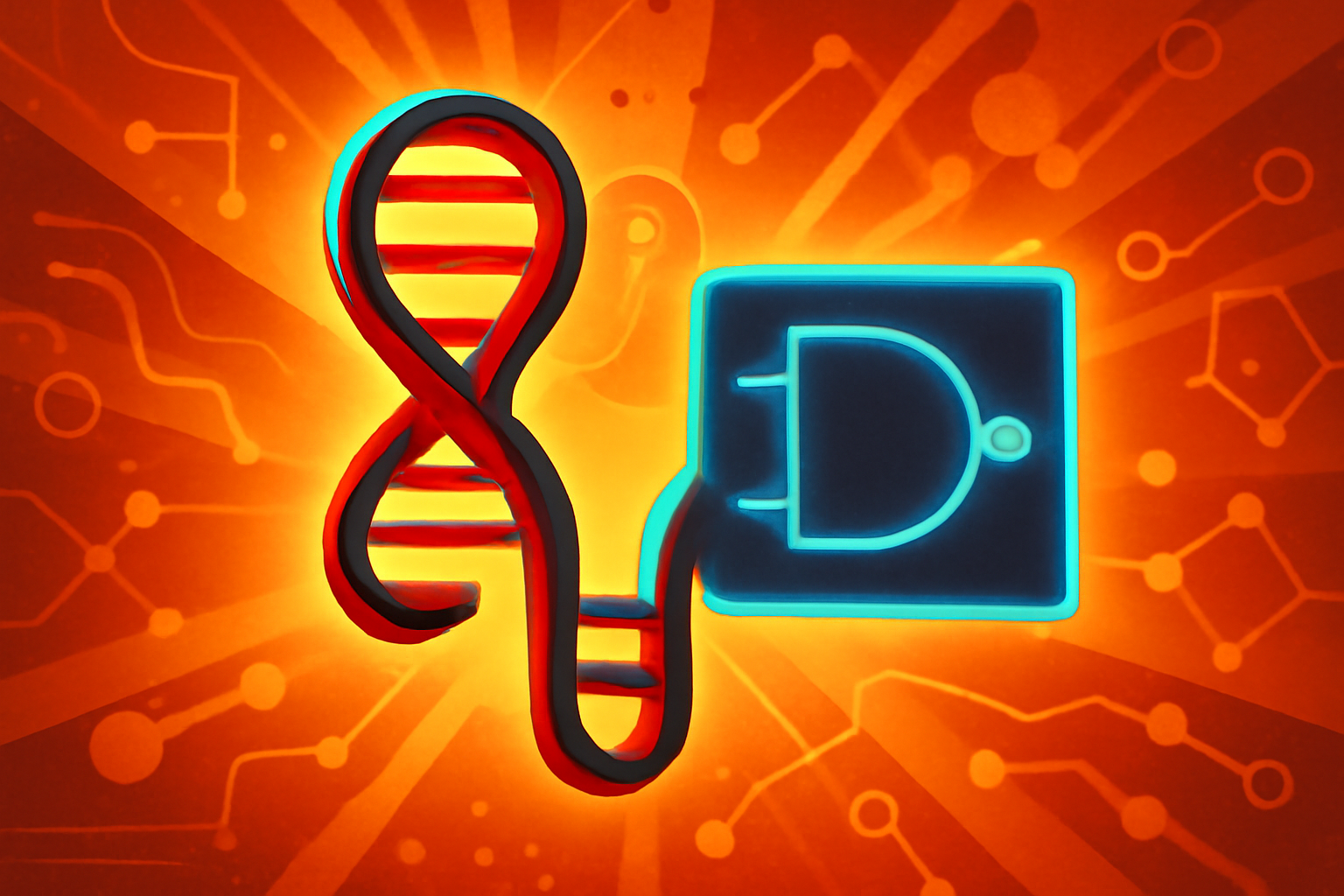 A conceptual 3D render showing an RNA molecule with embedded digital circuit elements, symbolizing AI-designed genetic logic gates.