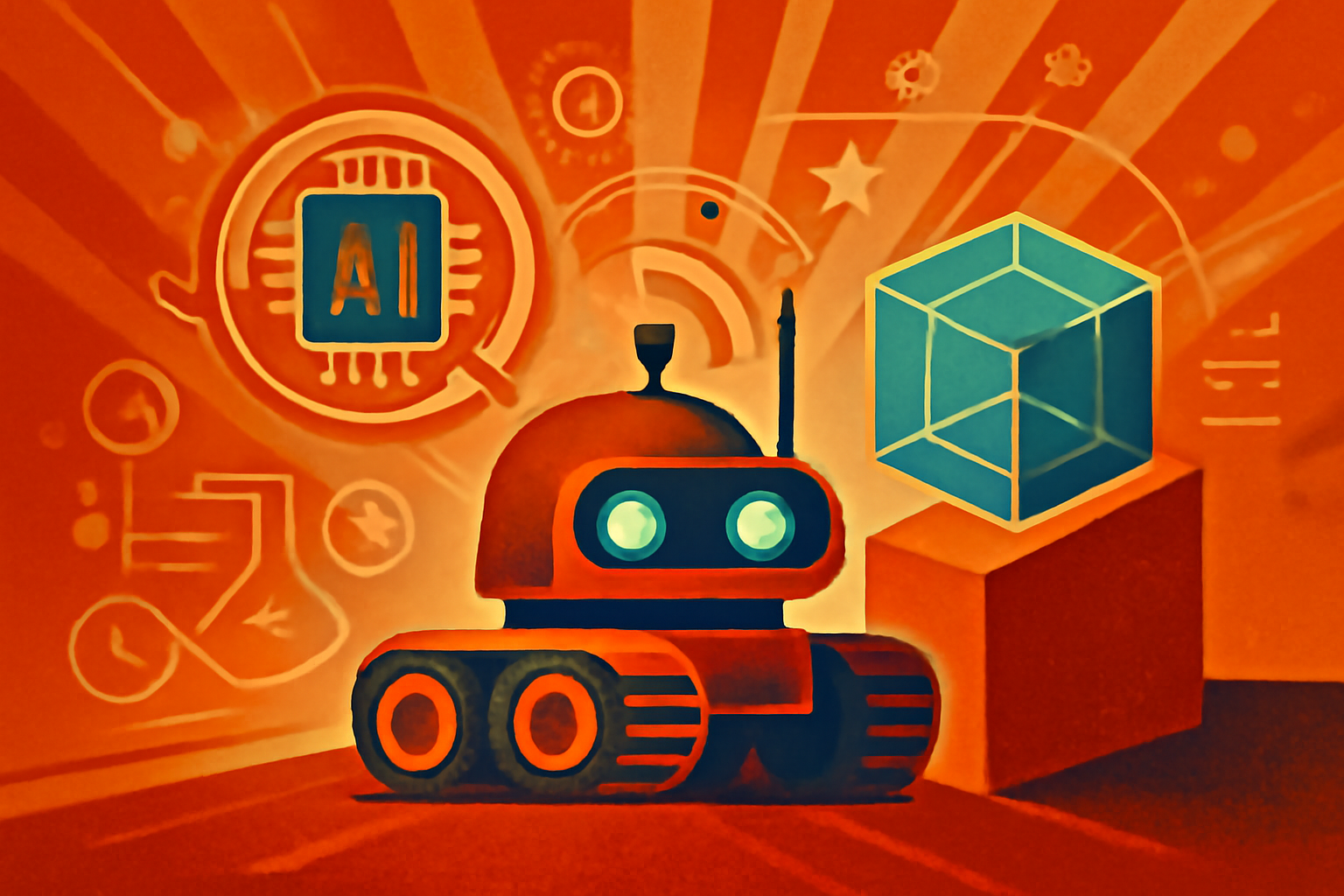 An autonomous robot navigating a dark room while a holographic display shows a 3D map of the hidden area behind a solid wall.