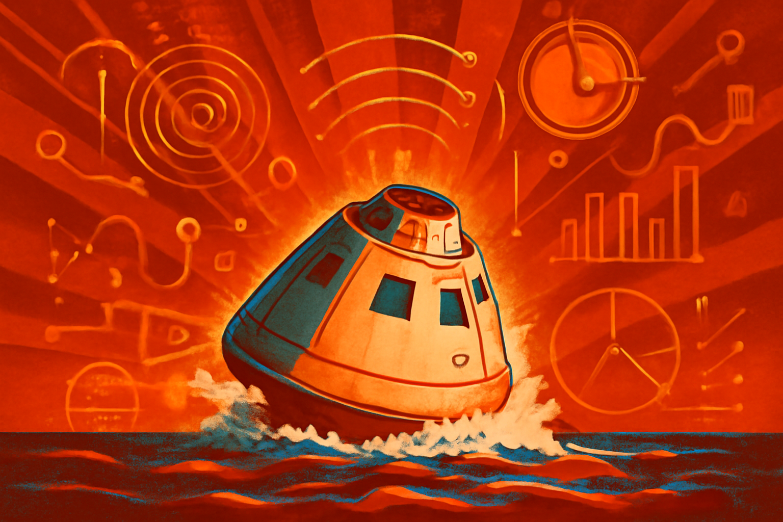 The Orion space capsule floating in the Pacific Ocean with its bright orange flotation bags deployed after returning from the Moon.