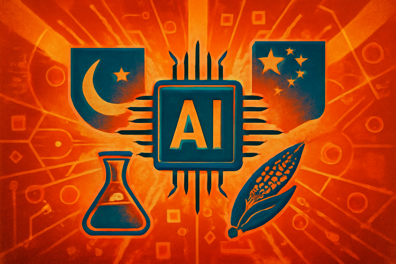 Scientists in a modern laboratory using AI technology to analyze agricultural data and medical images, representing a partnership between Pakistan and China.
