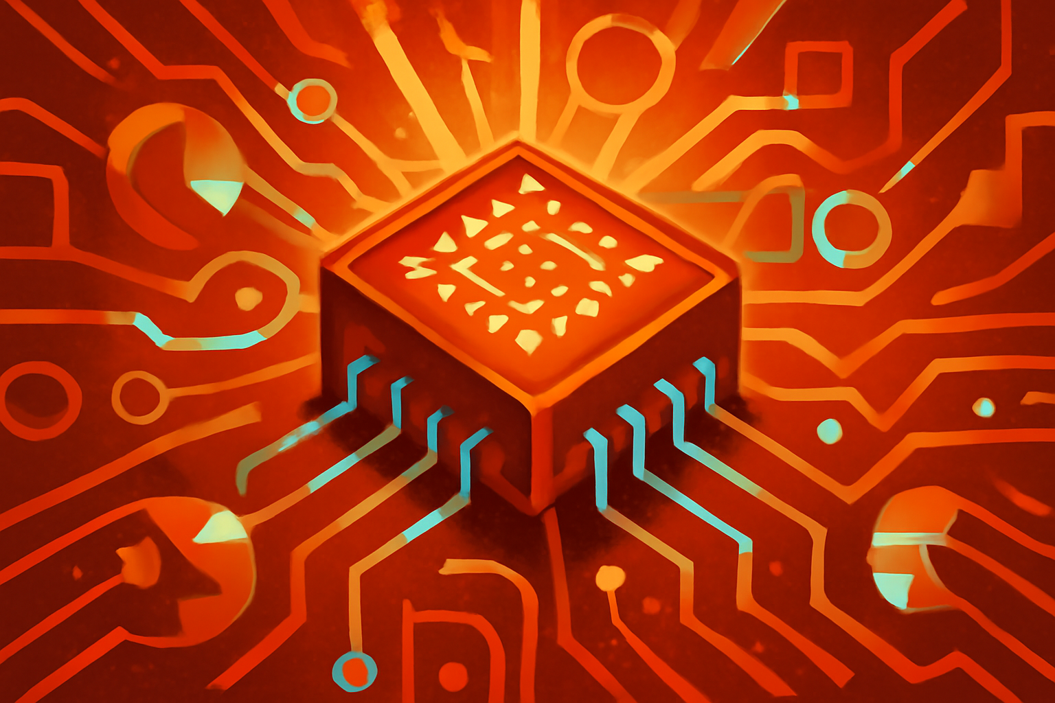 Digital illustration of a hybrid AI architecture combining geometric transformer shapes with fluid recurrent loops to represent the OLMo Hybrid 7B model.