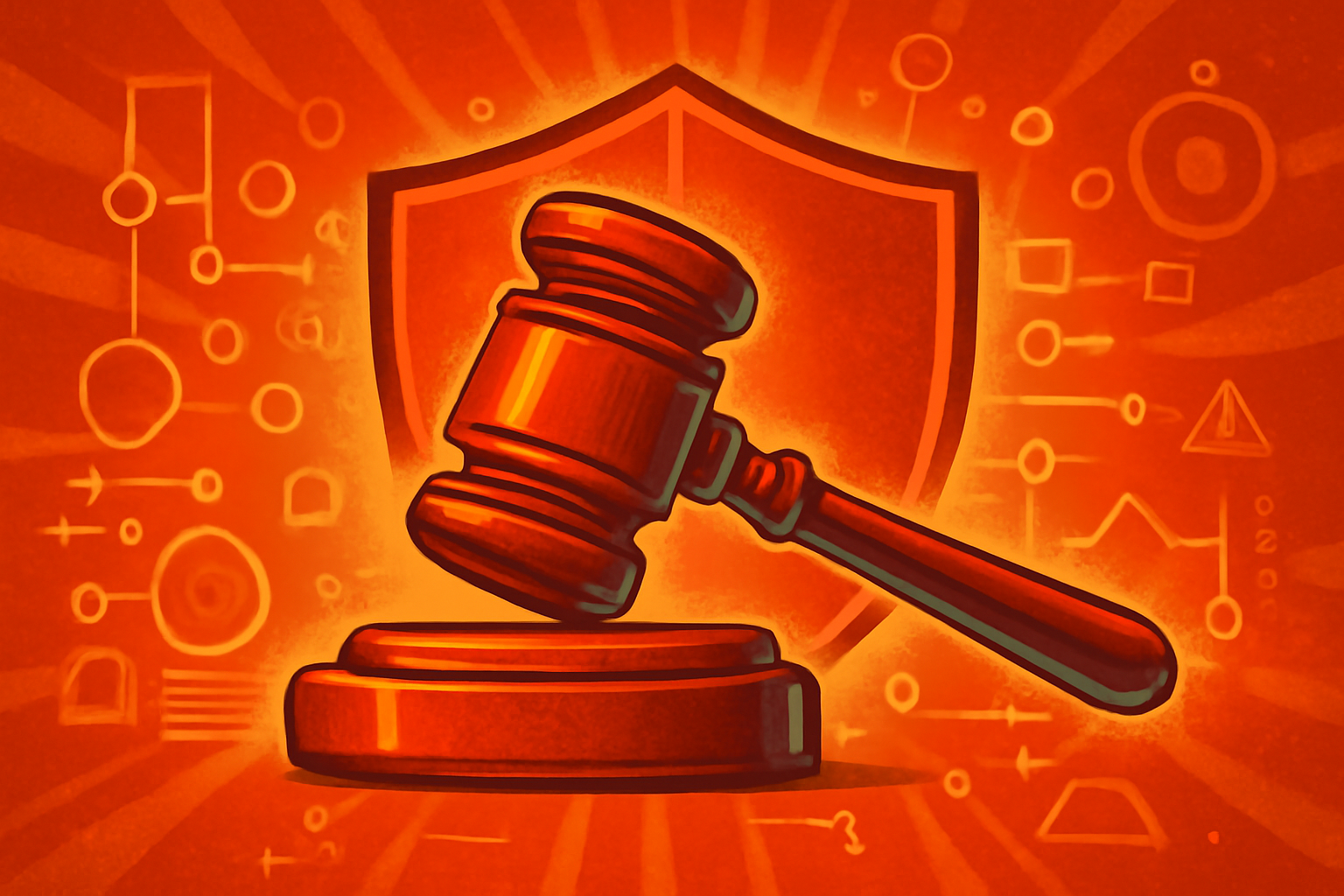 A wooden gavel on a desk next to a digital representation of artificial intelligence, with a blurred government building in the background.