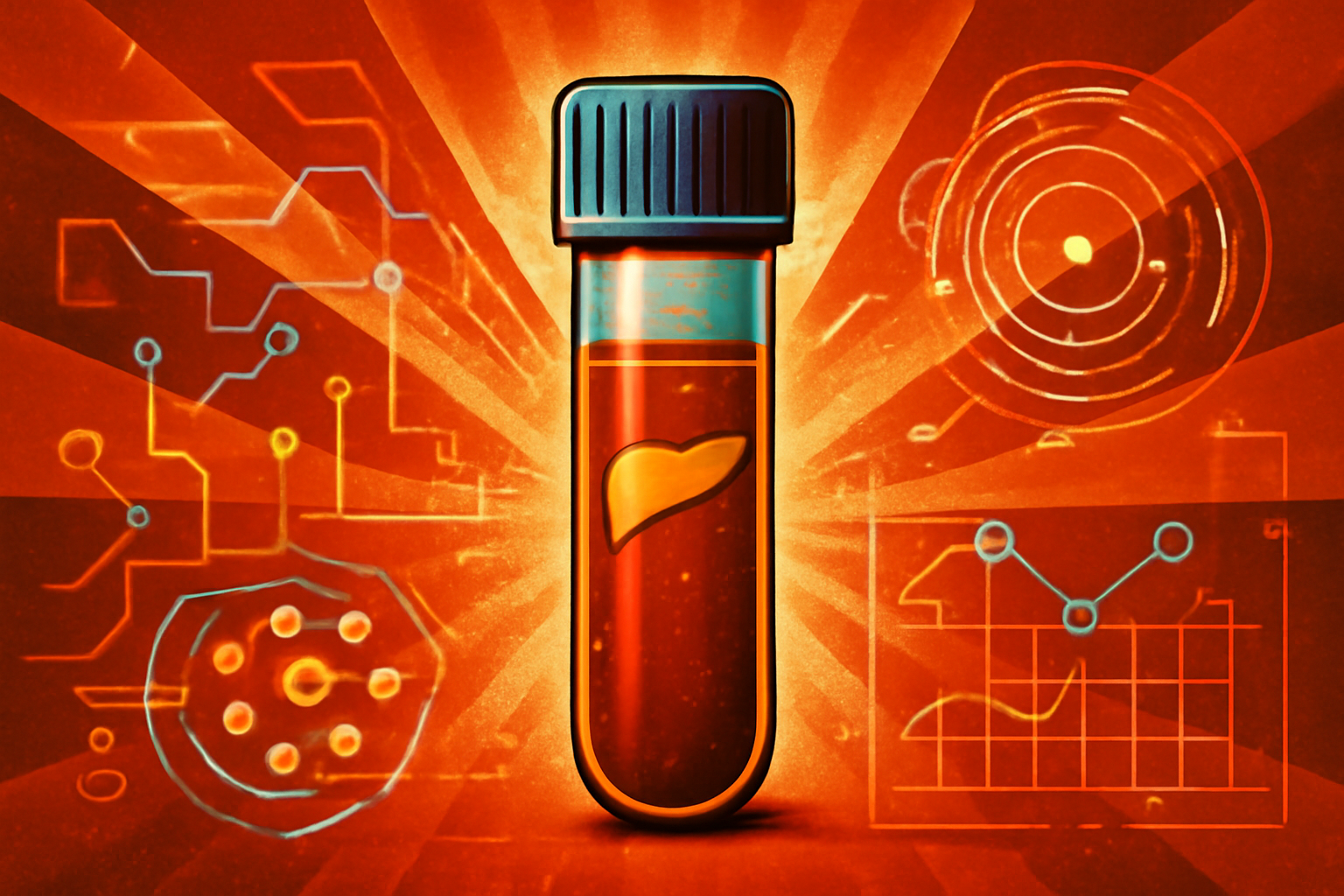 A laboratory scene showing a blood sample vial with medical data visualizations of a liver in the background.