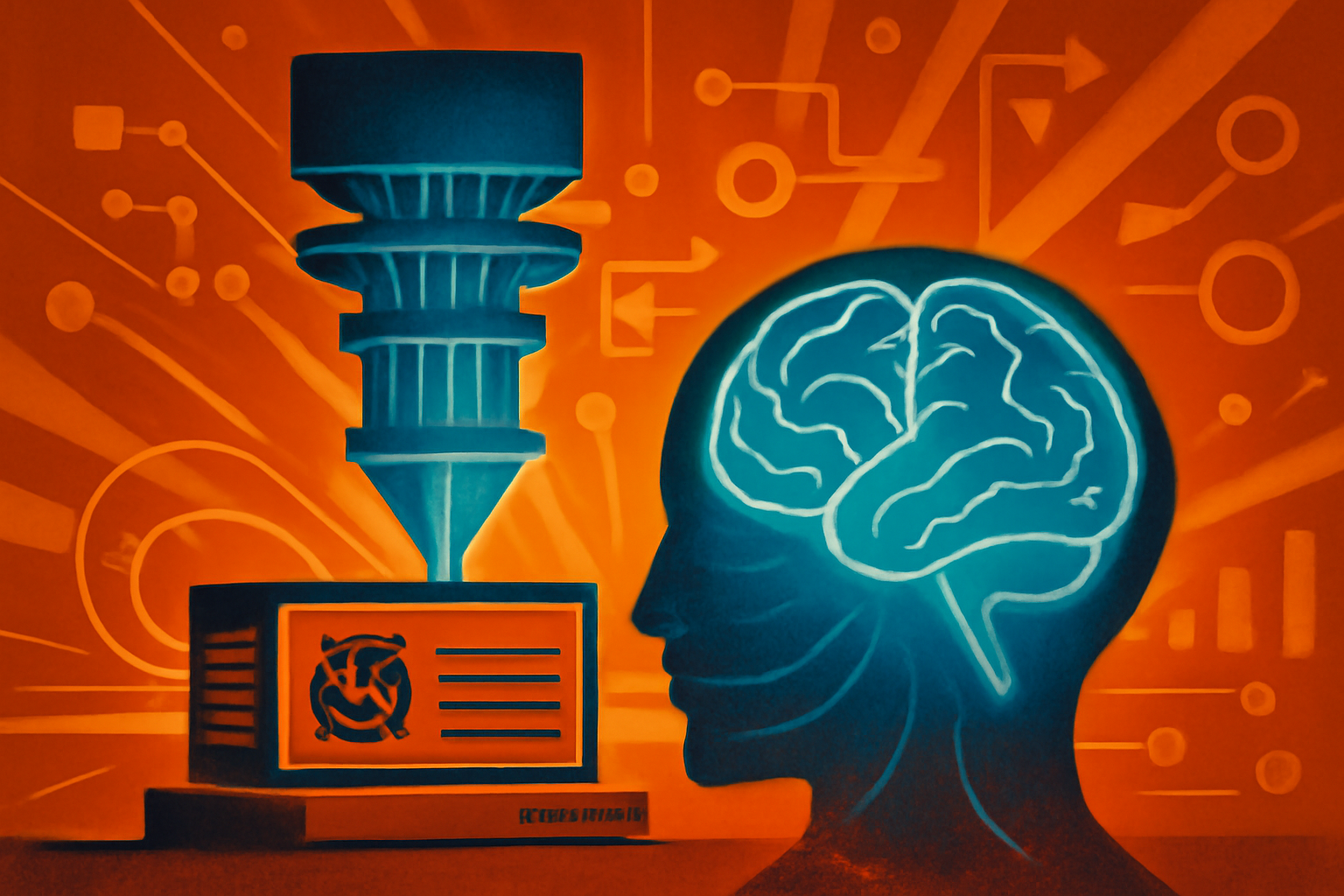 A digital 3D model of a human brain glows on a laboratory monitor while researchers work near advanced computing hardware.