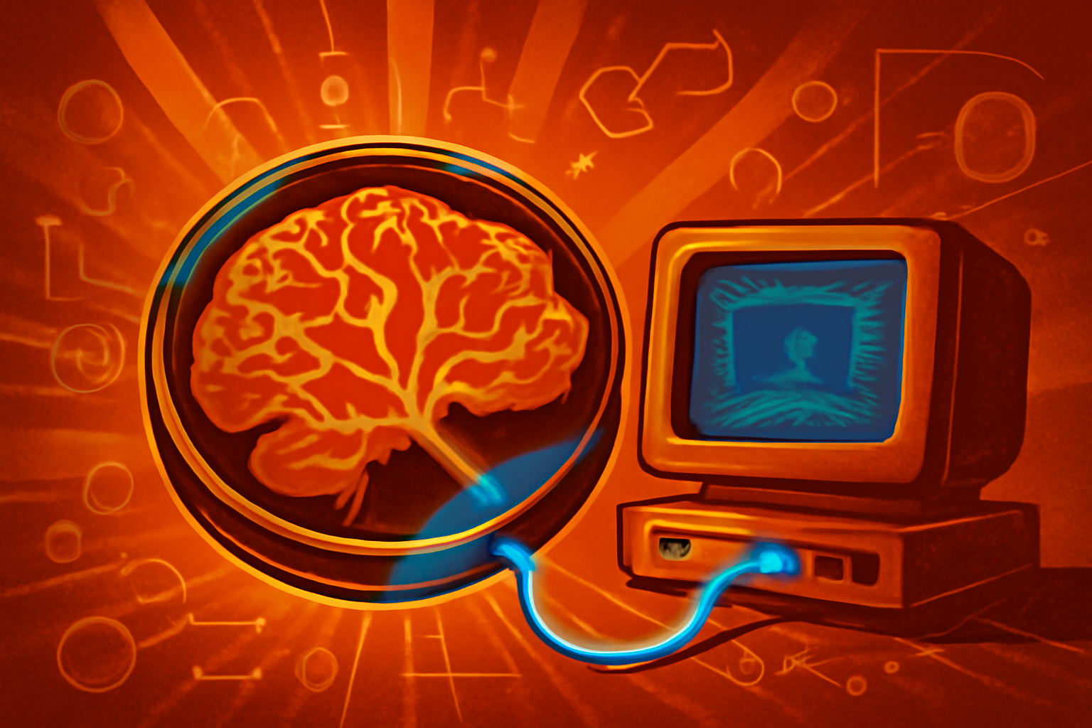 A close-up of a microelectrode array holding lab-grown human neurons in a petri dish, positioned in front of a computer screen displaying a classic video game.