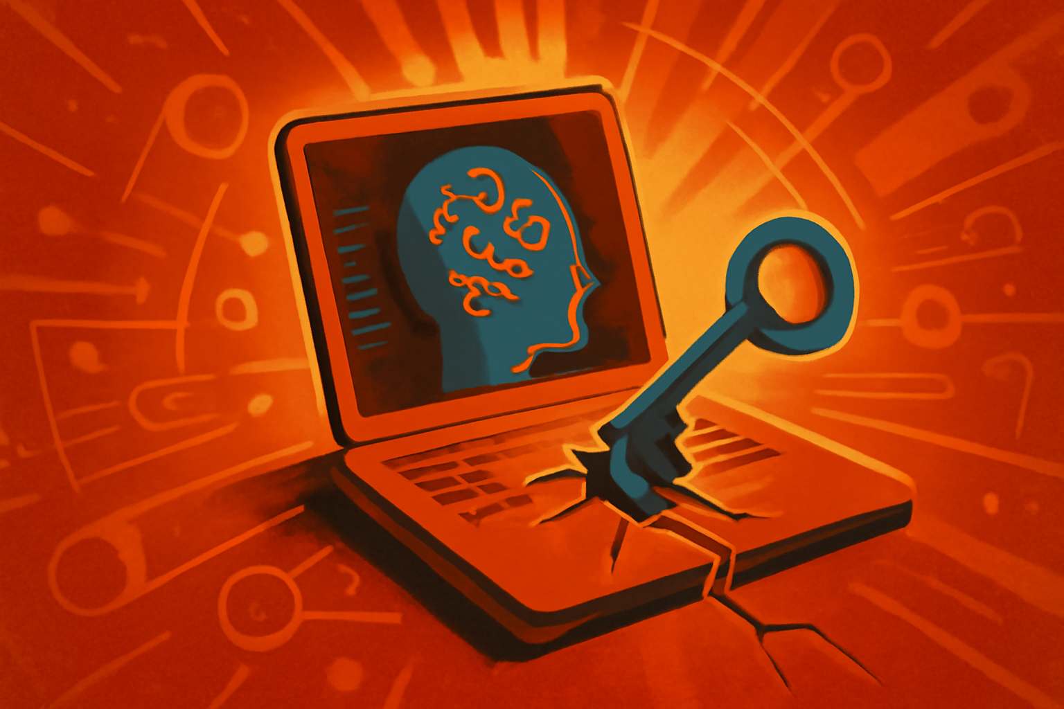 Digital art of a glowing AI figure inspecting a network of data and code with red highlighted areas indicating security flaws.