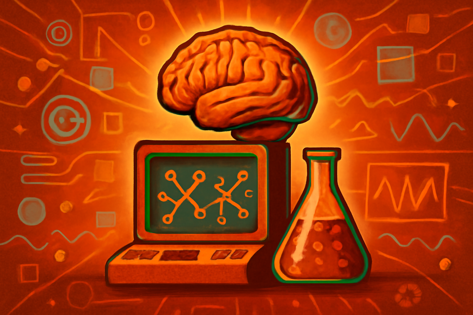 Digital 3D rendering of glowing molecular structures and data points representing artificial intelligence in drug discovery.