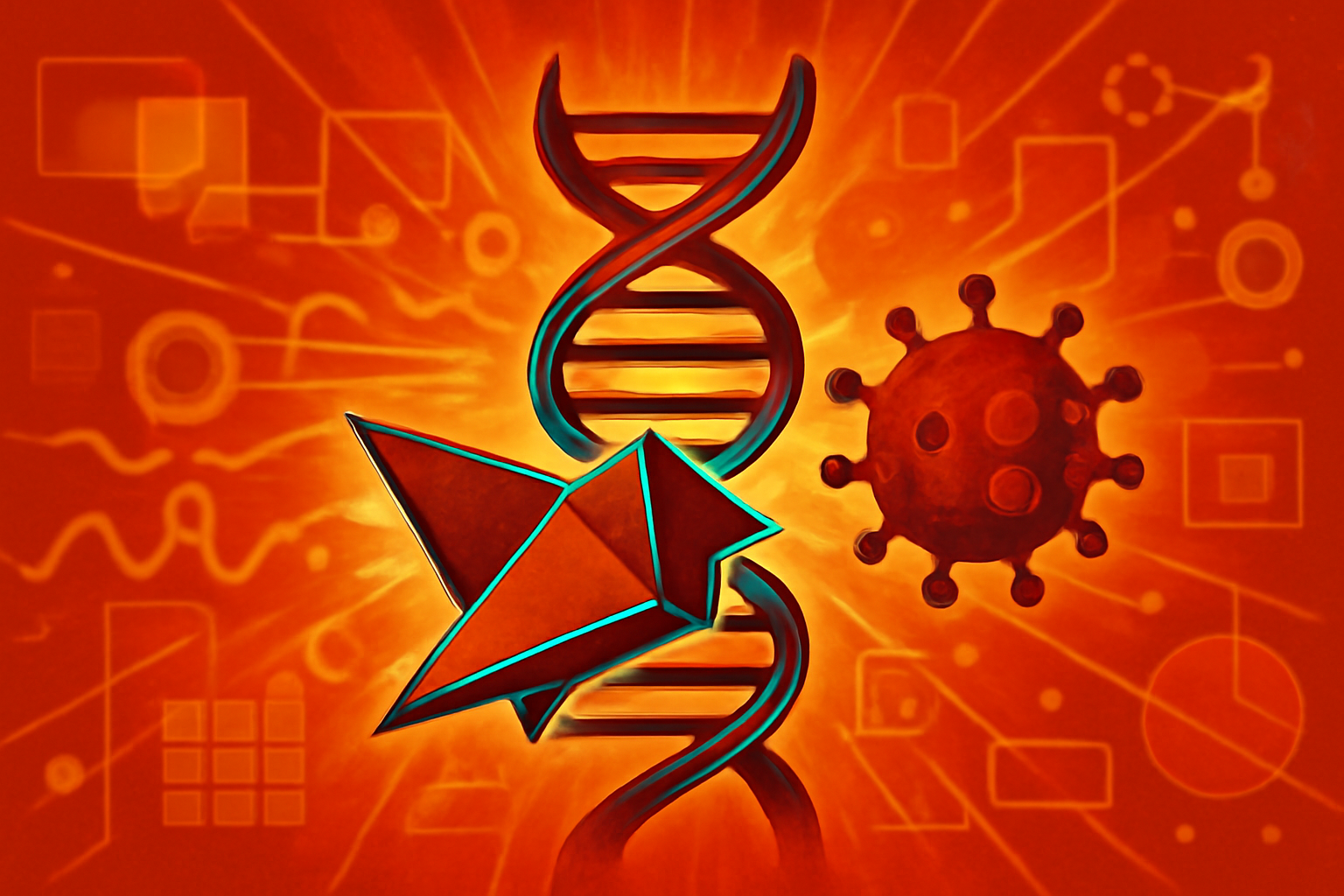 Microscopic 3D rendering of complex DNA nanostructures shaped like small robots moving through a red-tinted human bloodstream near viral particles.