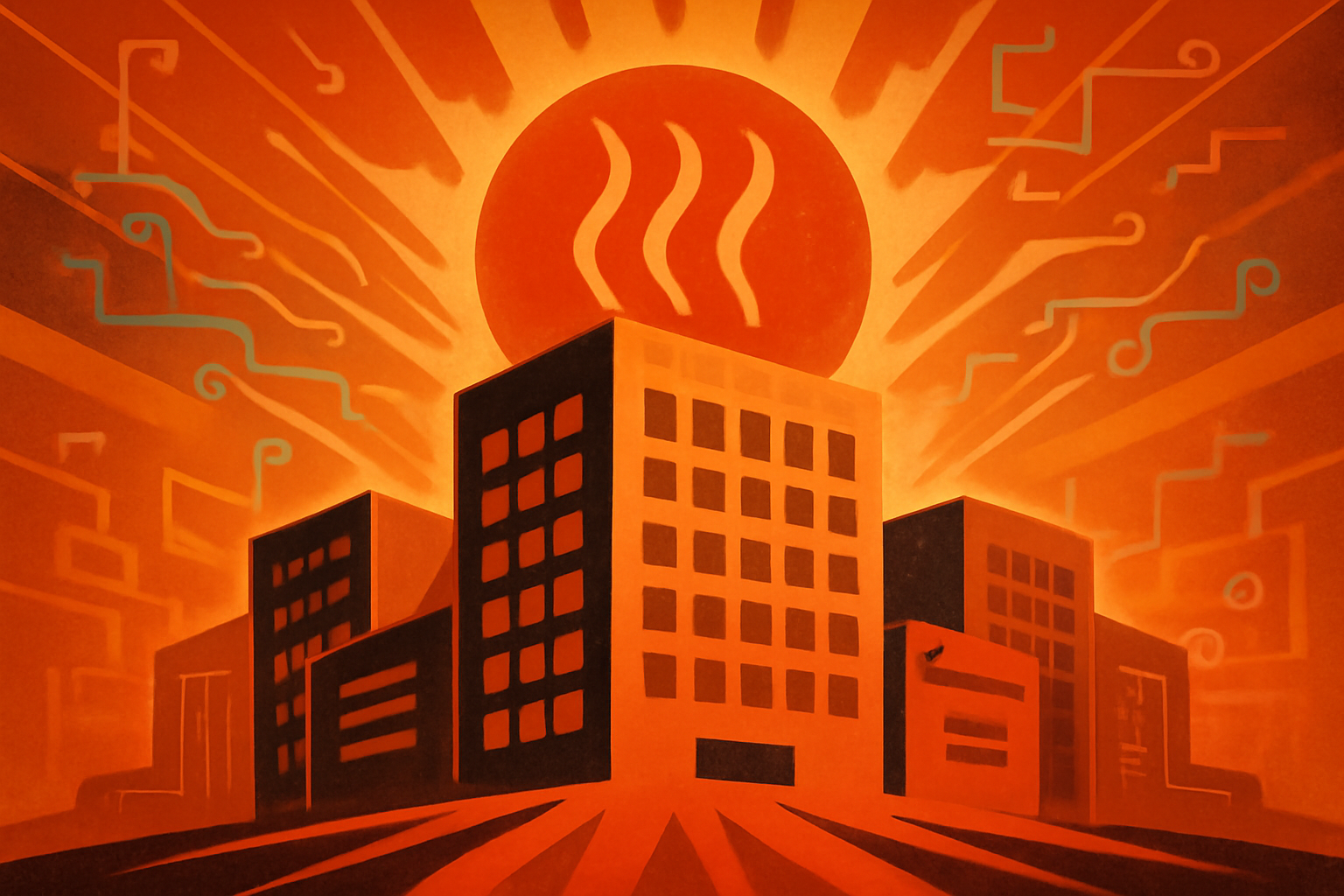 Aerial view of a large industrial data center with a digital thermal overlay showing red and orange heat radiating into the surrounding green environment.