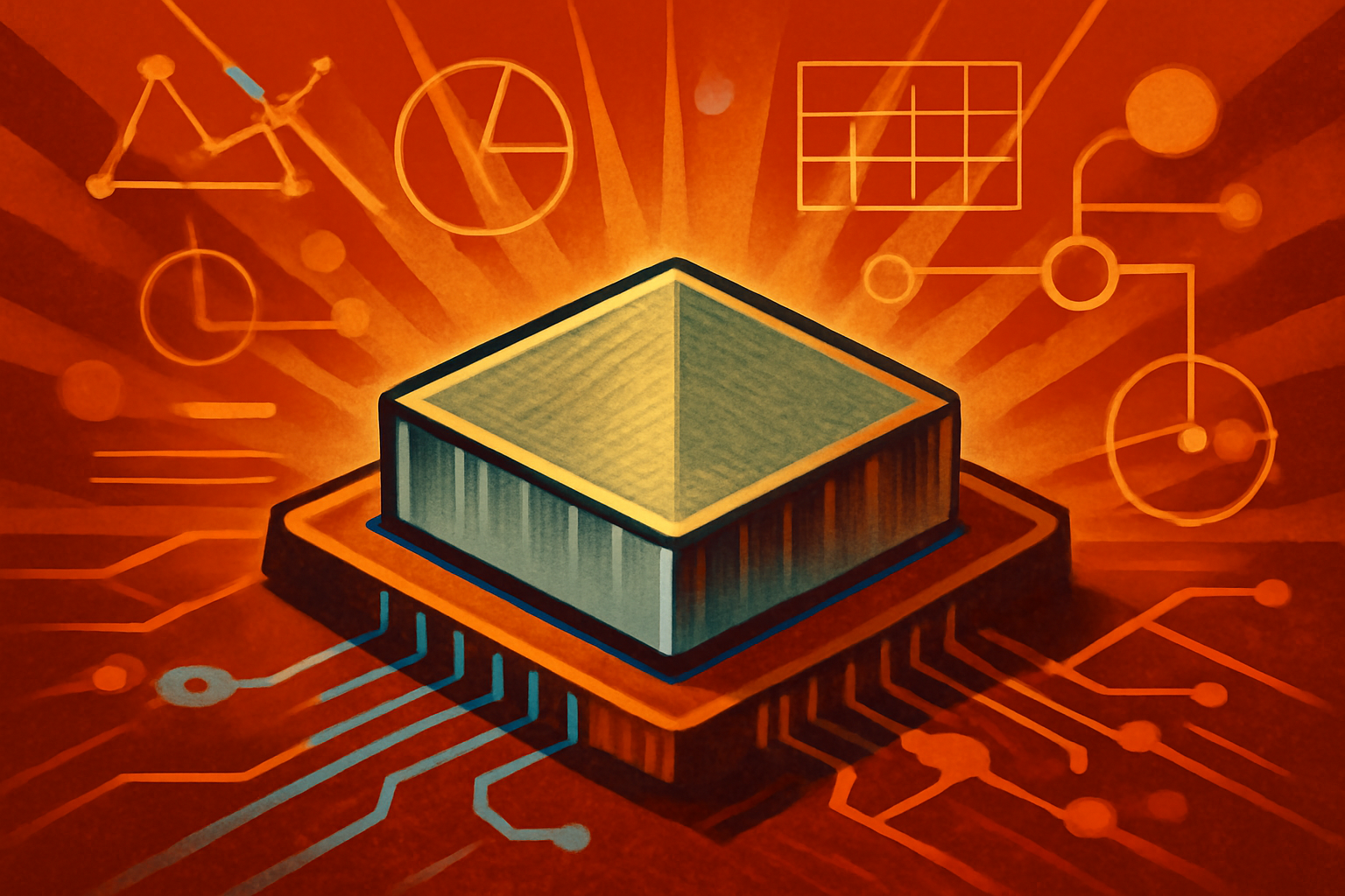 A close-up view of a metallic crystalline substance integrated into a modern circuit board with blue lighting.
