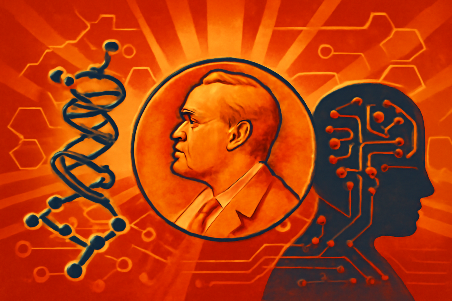 Nobel laureate Kurt Wüthrich speaking at a podium with a 3D protein structure visualization displayed on a screen behind him.