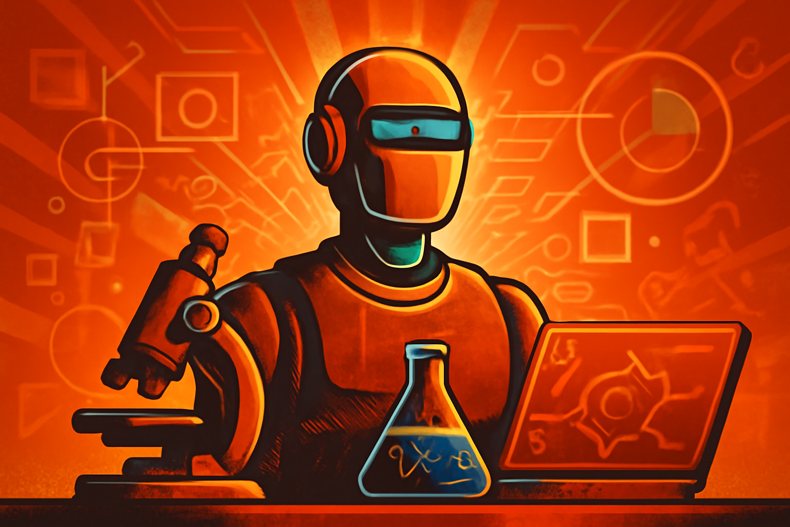 A digital illustration of a futuristic laboratory where holographic AI agents analyze complex data structures and machine learning nodes.