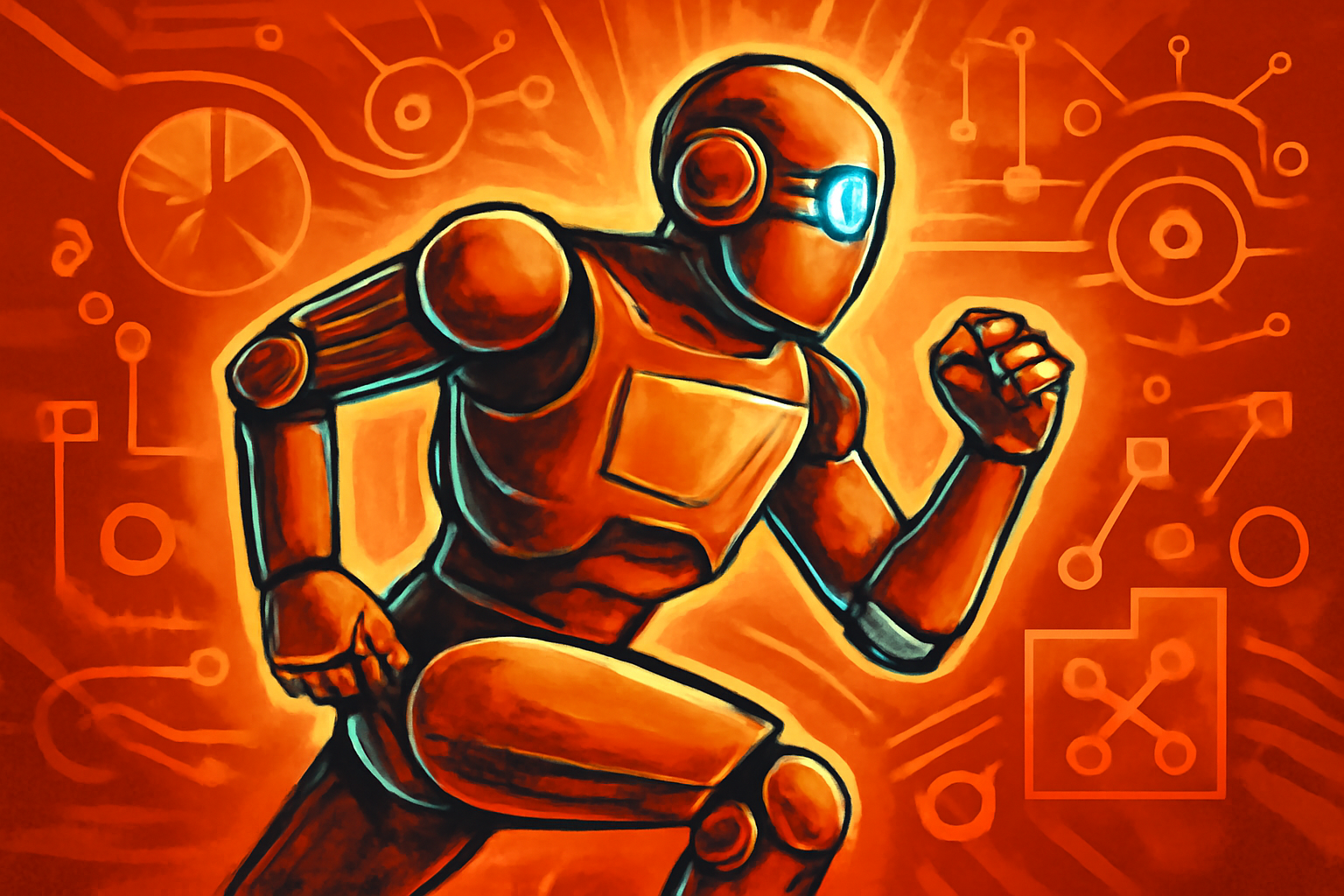 A silver humanoid robot crossing a marathon finish line in Beijing with a digital timer in the background.