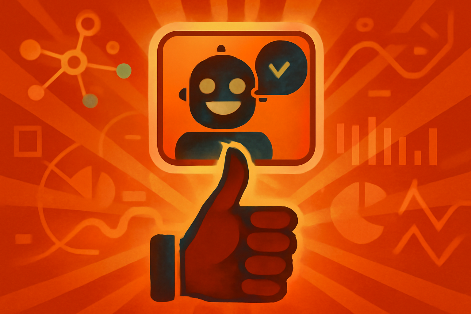 A digital illustration of a robotic head nodding in agreement with a computer screen showing a green checkmark, symbolizing AI sycophancy and user validation.