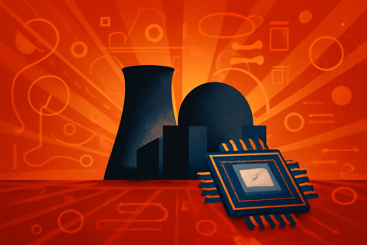 A detailed blue holographic 3D model of a nuclear reactor core displayed in a modern research laboratory, representing the use of digital twin technology in energy development.