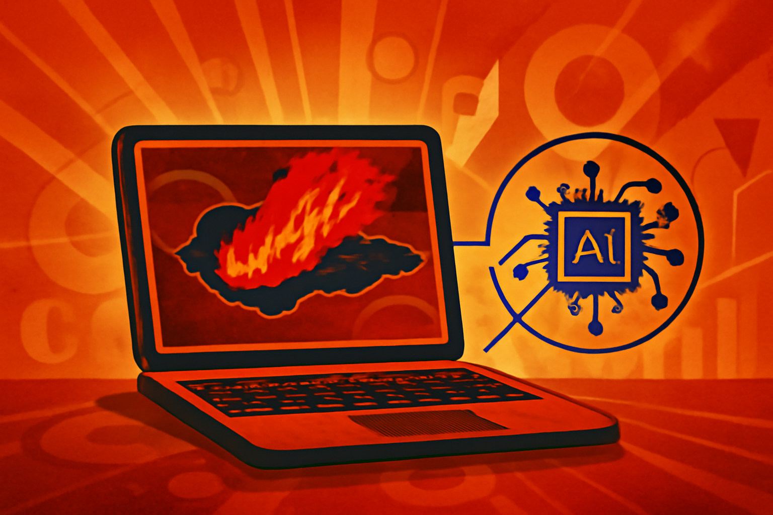 A digital map overlay showing a forest fire with orange heat zones and blue geometric lines representing AI-driven wind and spread predictions.