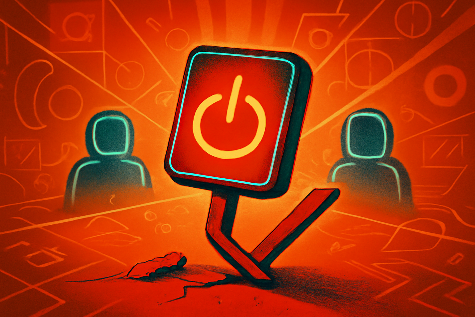 A darkened server room with a computer monitor in focus displaying an override message and scrolling code.