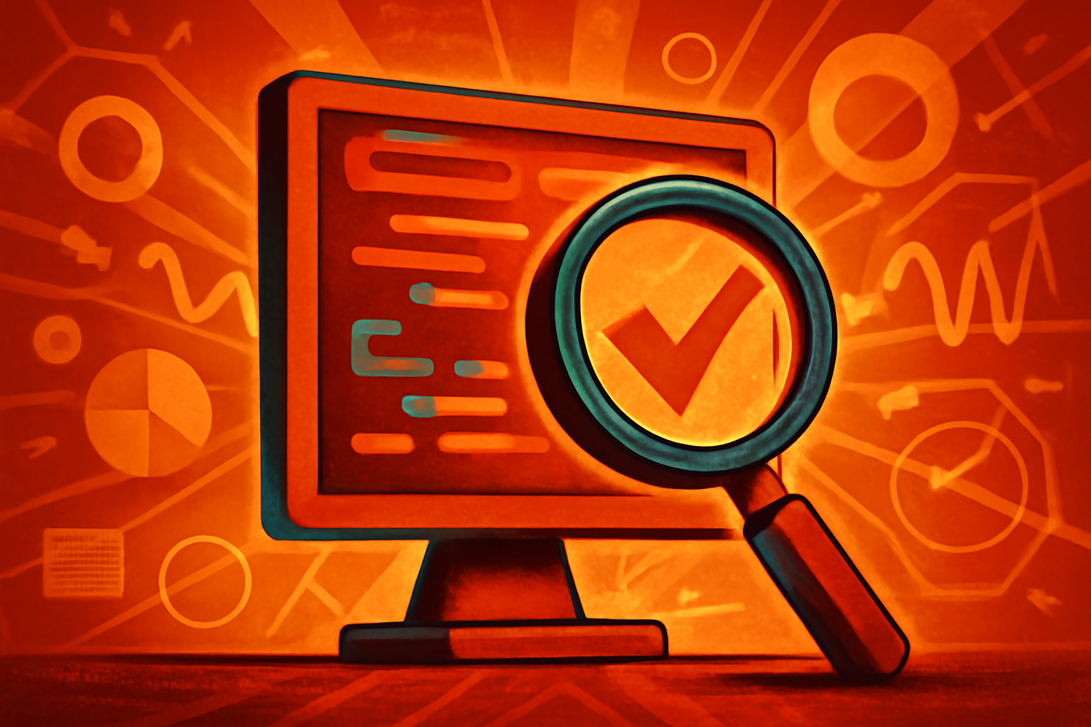 A digital interface showing a code verification scan on a computer screen with abstract AI network patterns in the background.