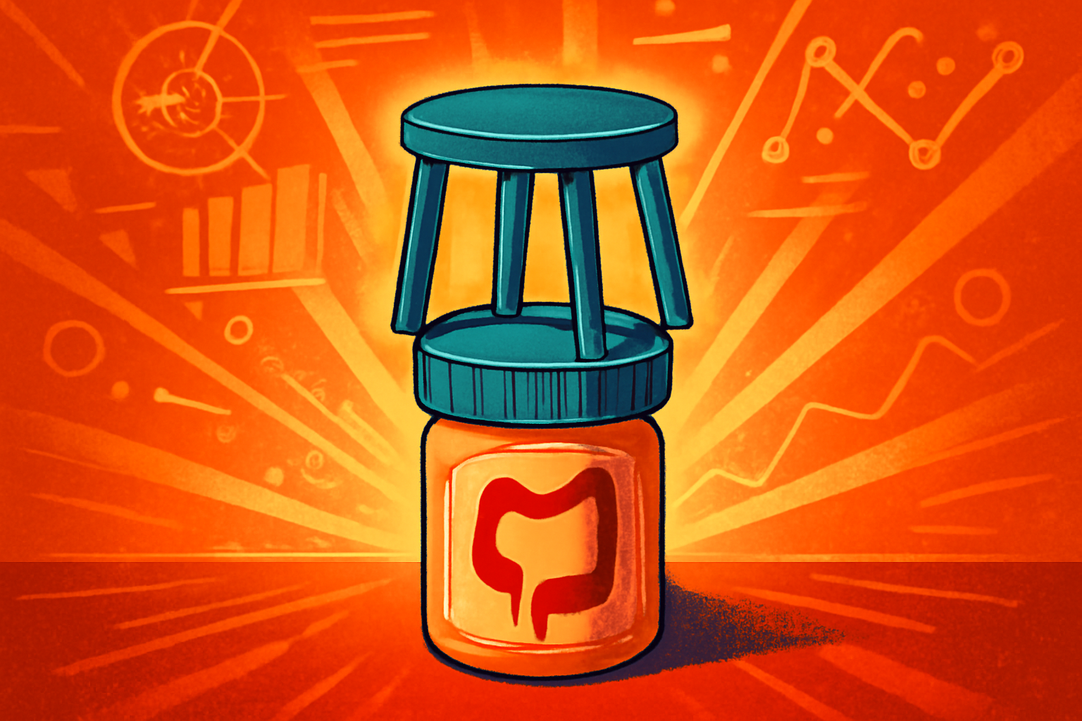 A digital medical graphic depicting the human gut microbiome being analyzed by artificial intelligence, showing interconnected bacterial signals and a data readout.