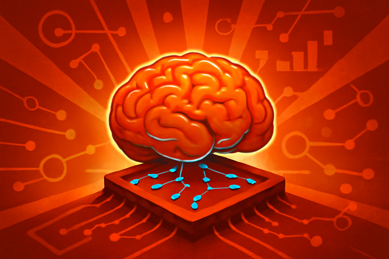 A close-up view of a high-tech neuromorphic chip with intricate glowing circuits that look like human brain connections.