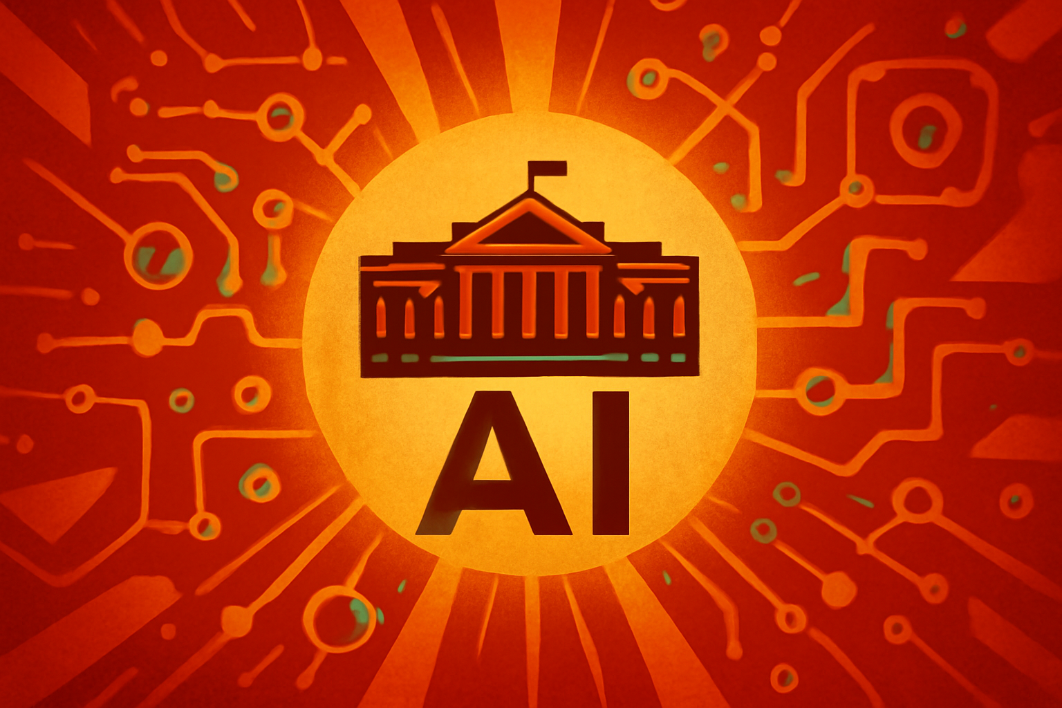 A digital illustration showing the U.S. Capitol building with glowing blue circuit lines flowing through it, symbolizing national AI policy.
