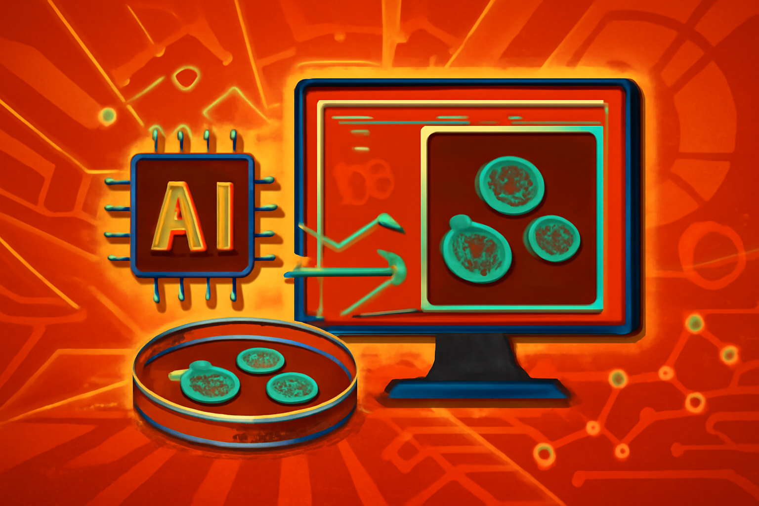 Microscopic biological cells with vibrant digital outlines created by the CellSAM AI to show automated cell segmentation.