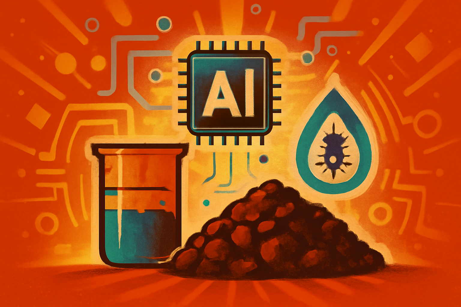 A scientist in a lab holds a beaker of biochar with a digital AI overlay showing data patterns.