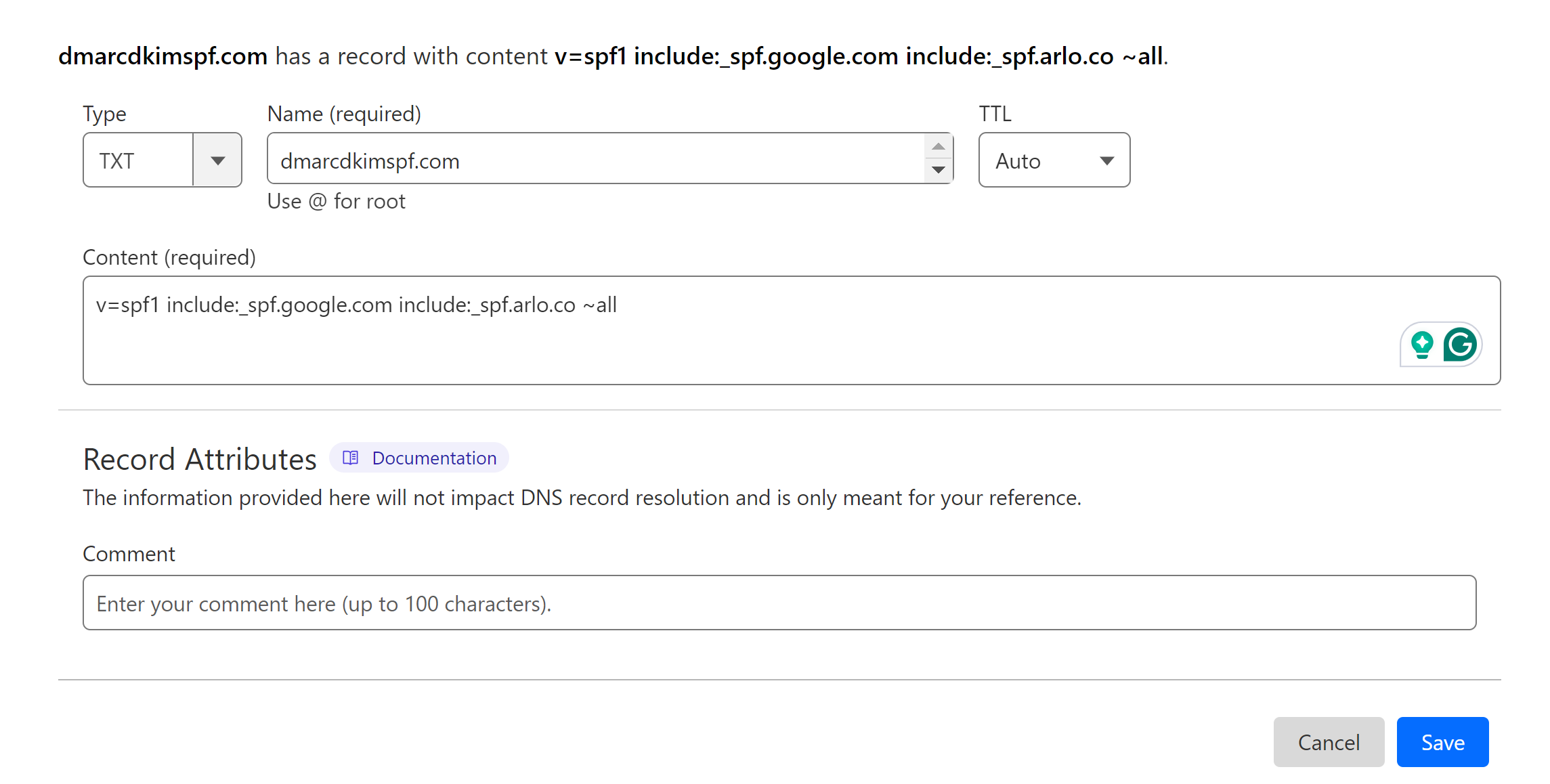 Add the SPF record for DNS verification 